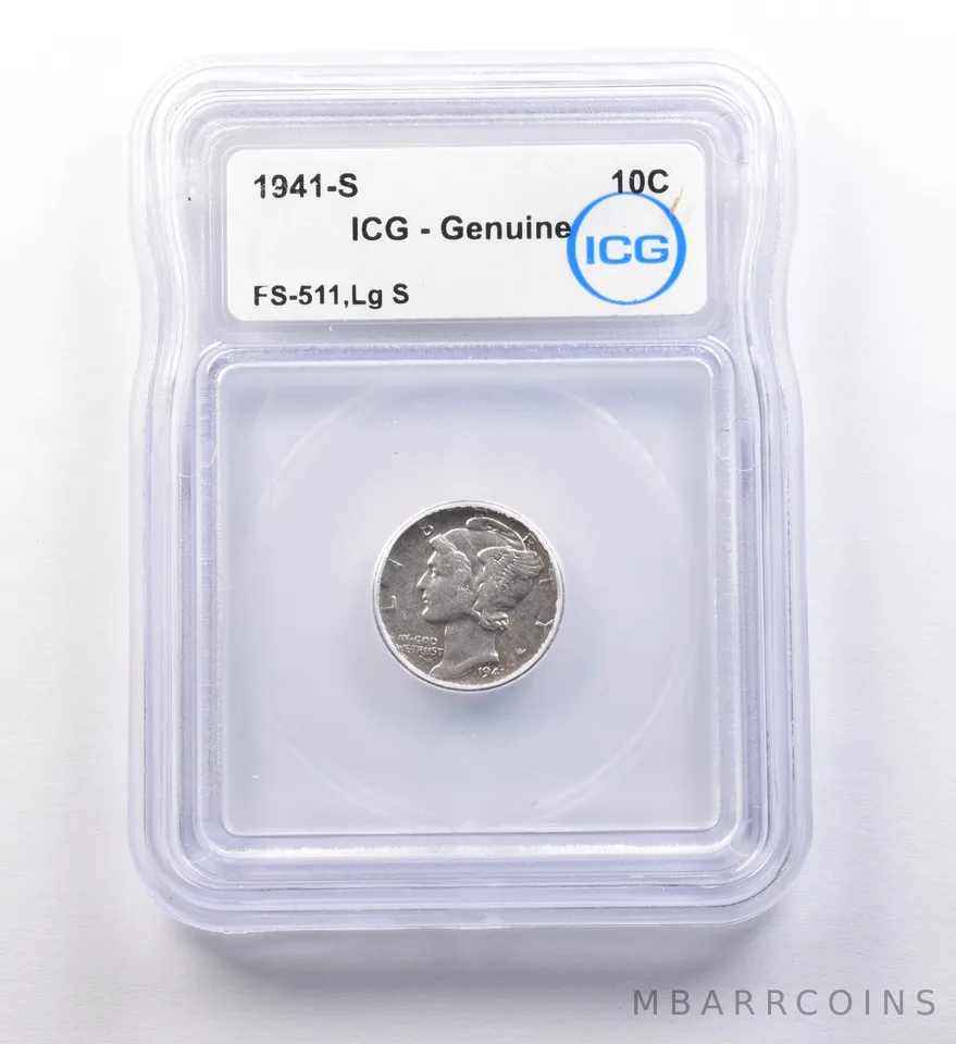 1941-S Mercury Dime FS-511 Large S Genuine ICG *9714