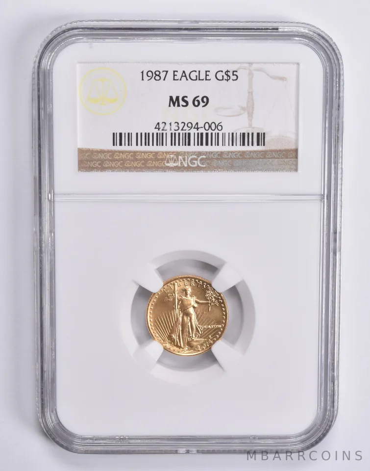 1987 $5 American Gold Eagle 1/10 Oz MS69 NGC Brown Lbl