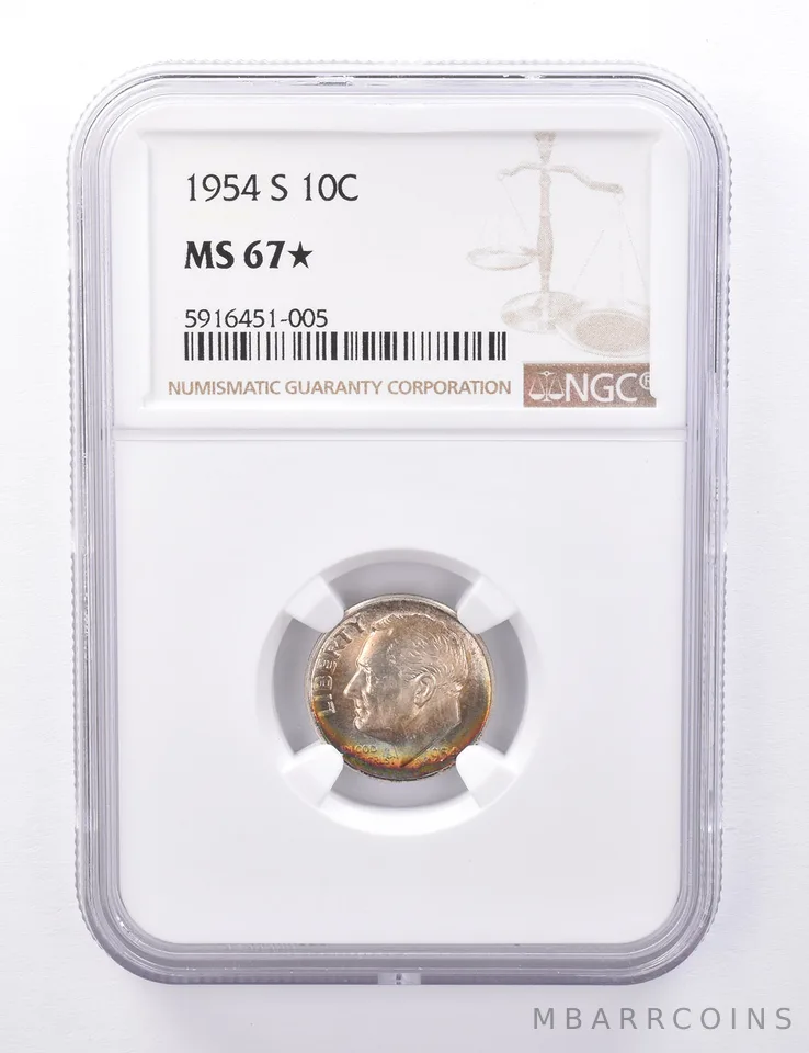 MS67* 1954-S Roosevelt Dime - Graded NGC Rainbow Toned *4418