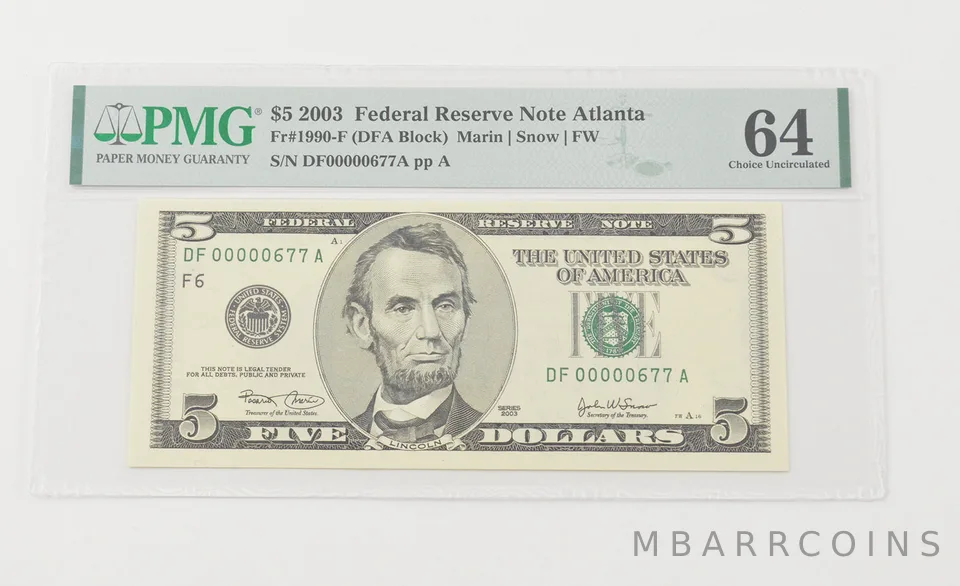 Choice UNC 64 2003 $5 FRN Atlanta - FR#1990-F PMG Low Serial 677 *6598