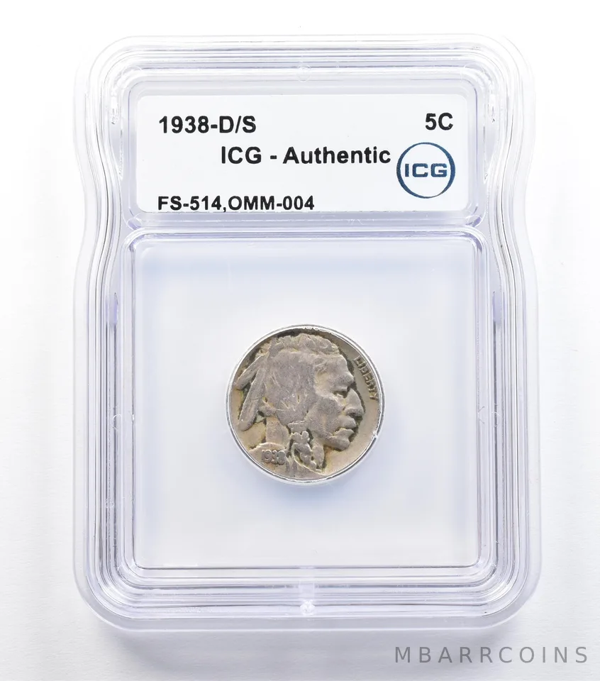 1938-D/S Indian Head Buffalo Nickel FS-514 OMM-004 Authentic ICG *9318
