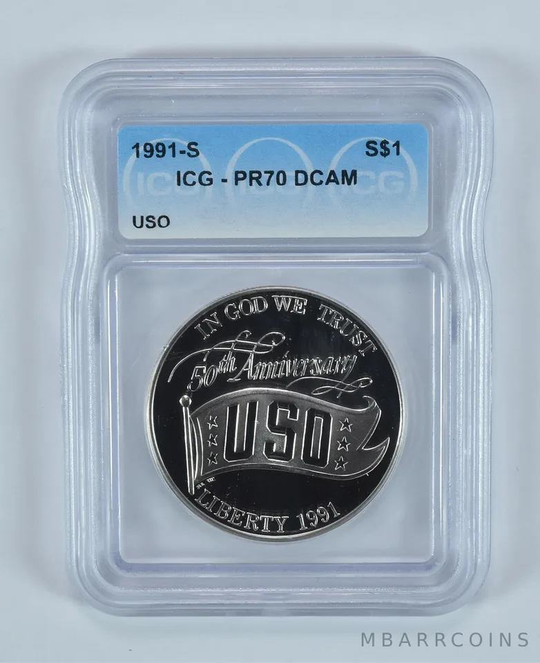1991-S USO Anniversary Commemorative Silver Dollar PR70 DCAM ICG