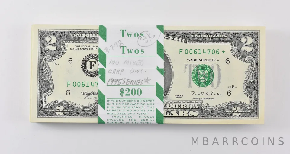 Lot (100) 1995 $2 Atlanta GA FRN Star Note Green Seal Crisp Pack *0376