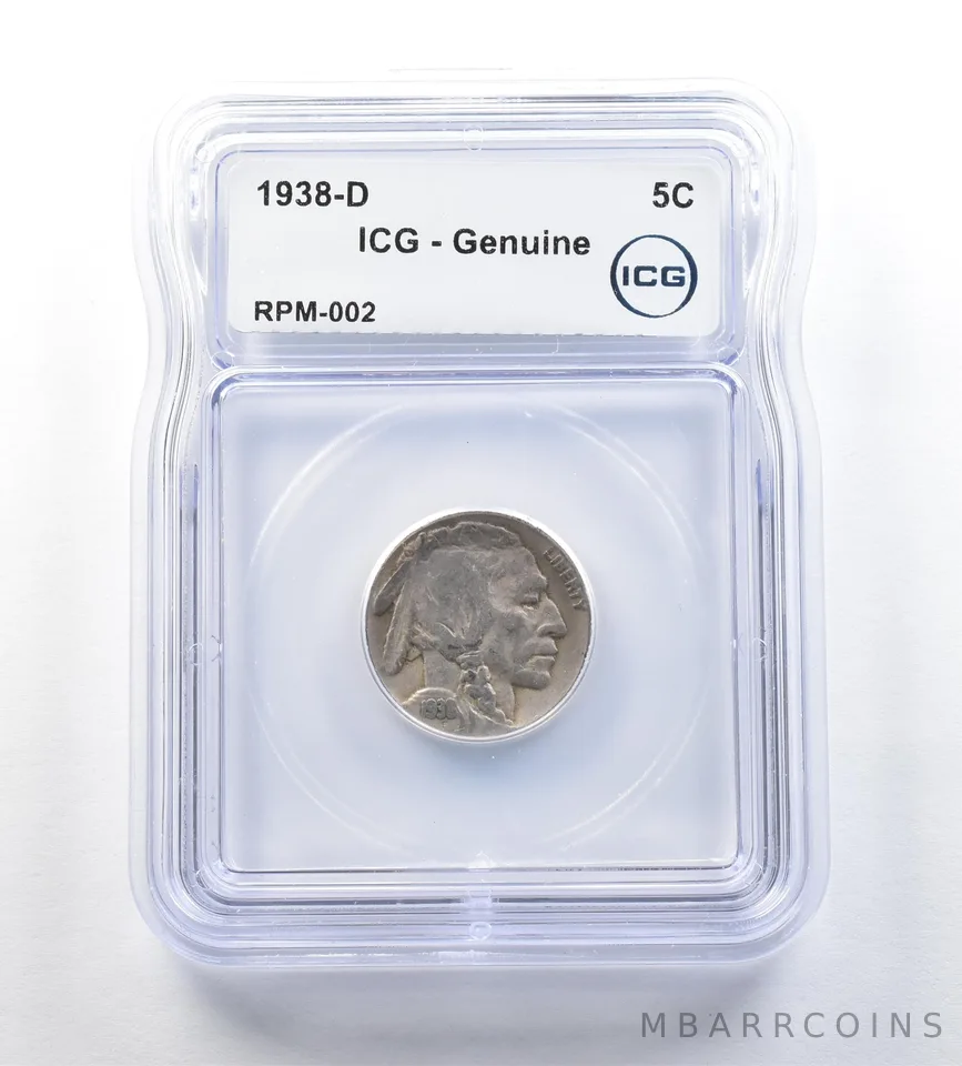 1938-D Indian Head Buffalo Nickel RPM-002 Genuine ICG *0678
