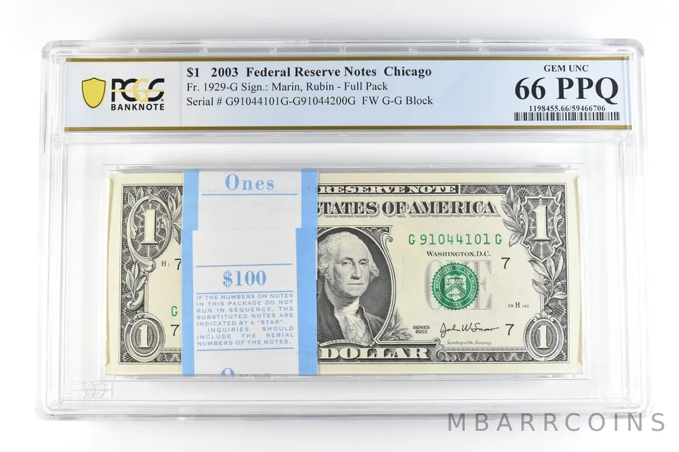 (100) 2003 $1 Chicago IL FRN Fr#1929-G Full Pack Gem Unc 66 PPQ PCGS *9857