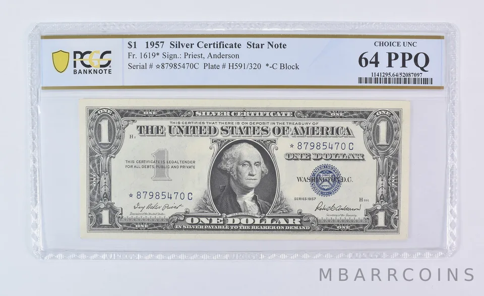 1957 $1 Silver Certificate Star Note Fr#1619* Choice Unc 64 PPQ PCGS