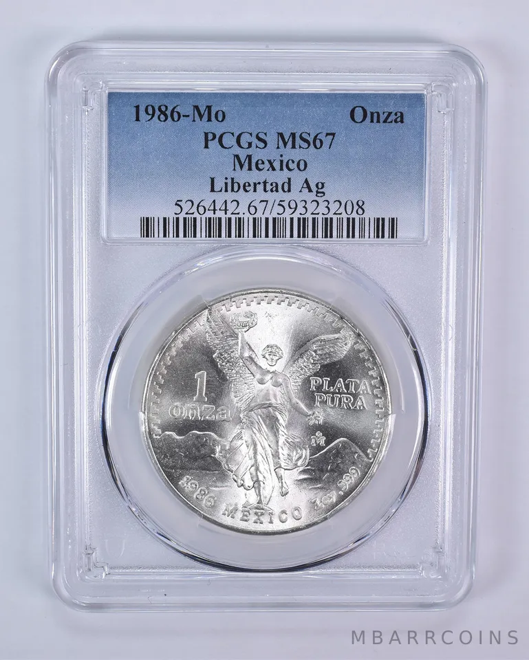 1986 Mo Mexico 1 Onza Silver Libertad MS67 PCGS Blue Label