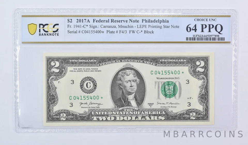 2017 A $2 Philadelphia PA FRN Star Note Fr#1941-C* Choice Unc 64 PPQ PCGS