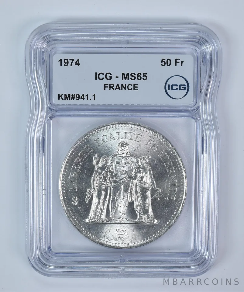 1974 France 50 Francs Silver KM#941.1 MS65 ICG