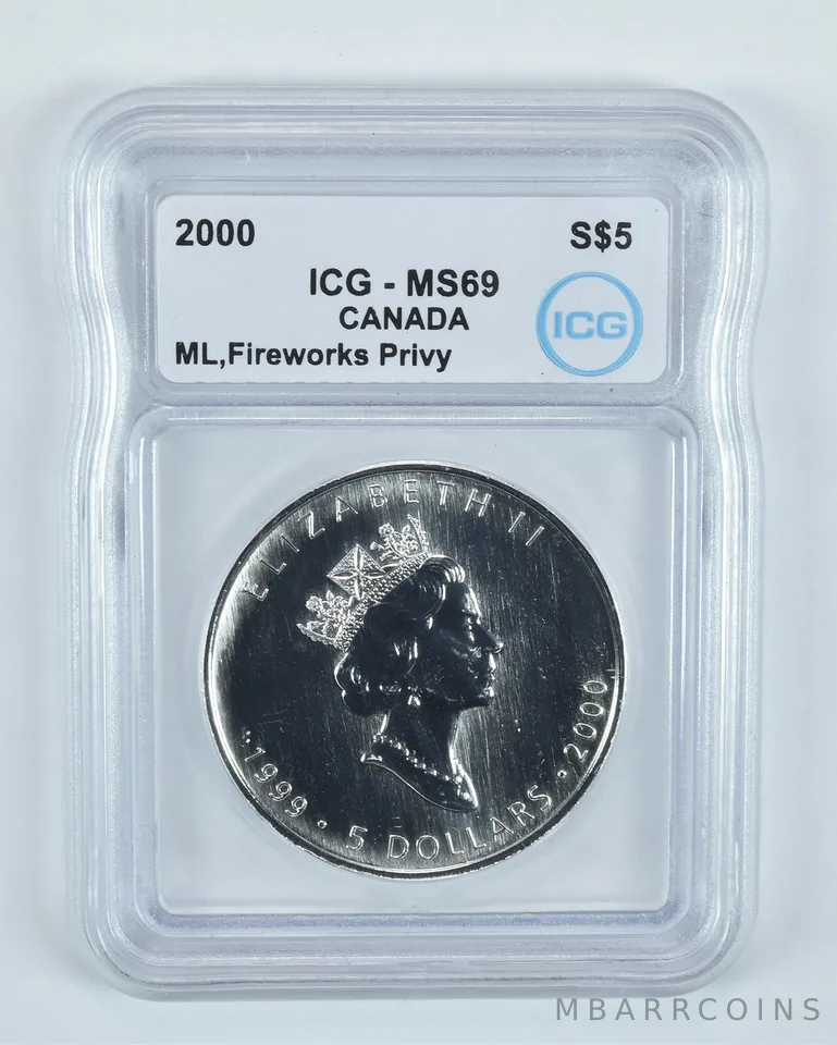 2000 Canada 5 Dollars Silver Maple Leaf Fireworks Privy 1 Oz MS69 ICG