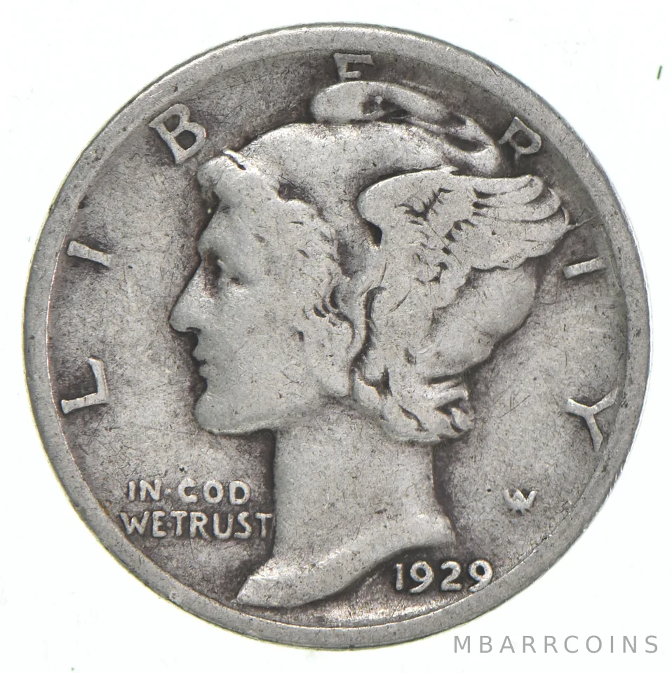 VG+ 1929 Mercury 90% Silver Dime
