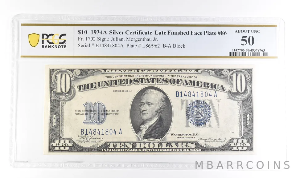 1934 A $10 Silver Certificate Late Finished Face Plate #86 Fr#1702 50 PCGS a2792