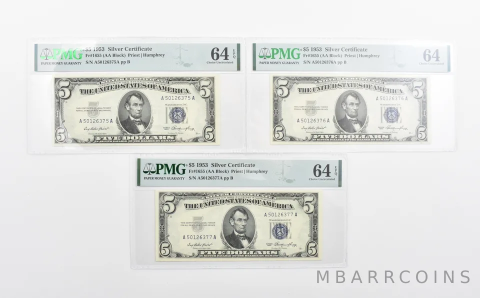 Lot (3) PMG 64 1953 $5 Silver Certificate Consecutive Notes Fr#1655 *1159
