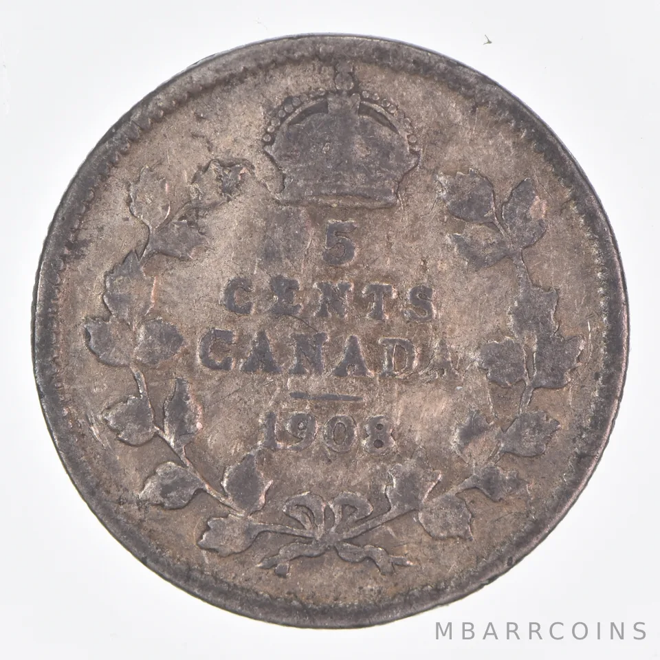 Better Date - 1908 Canada 5 Cents World Coin- Silver *253