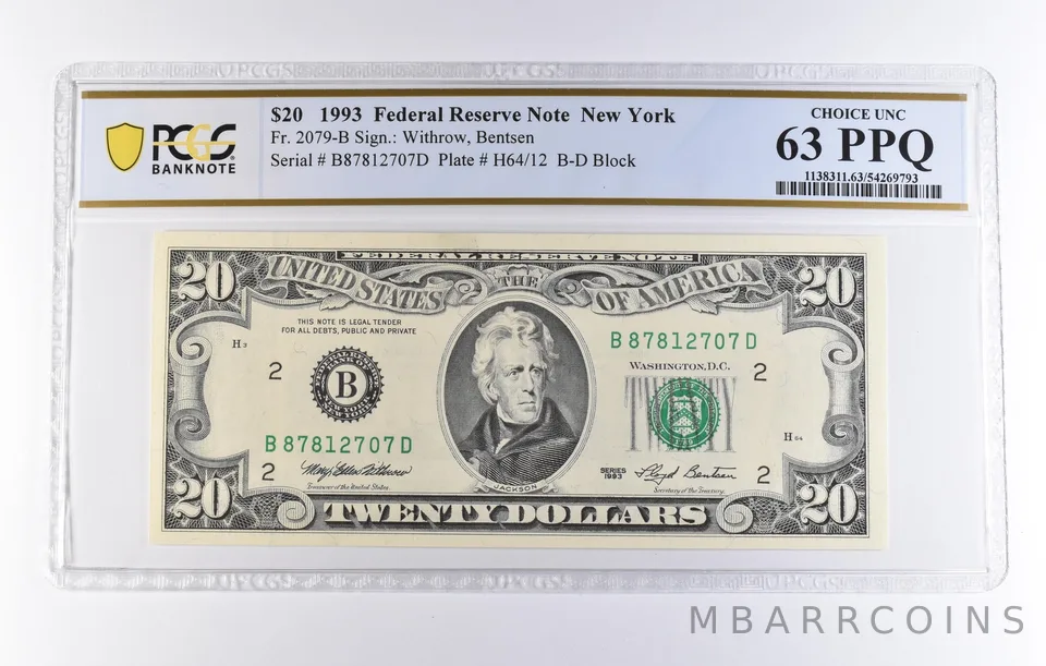 1993 $20 New York NY FRN Fr#2079-B Choice Unc 63 PPQ PCGS *8278