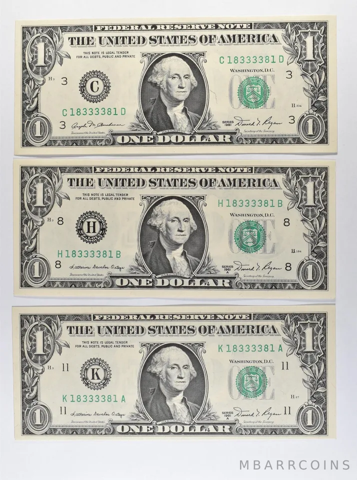 Lot (3) Matching Serials 1981/1981 A $1 Philadelphia/St Louis/Dallas FRN *1736
