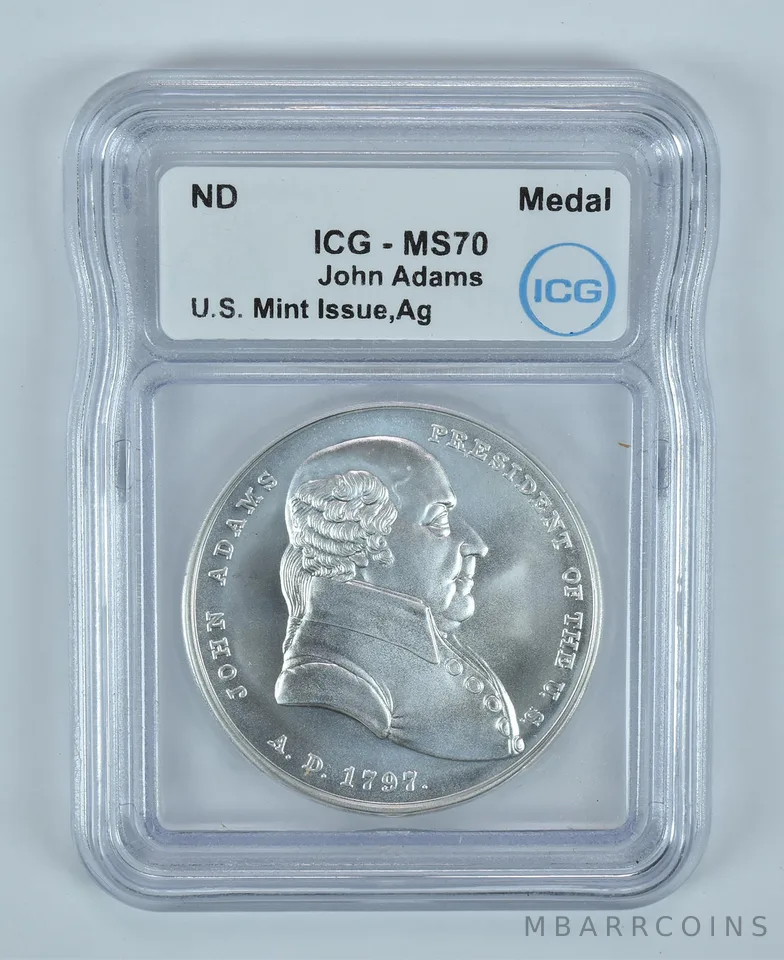 (ND) Silver Presidential Medal John Adams 1 Oz Silver MS70 ICG