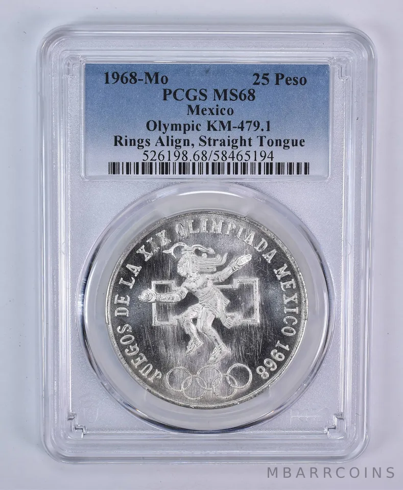 1968 Mo Mexico 25 Pesos Silver Olympic Rings Align Tongue KM-479.1 MS68 PCGS