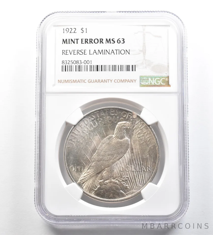 1922 Peace Silver Dollar Mint Error Reverse Lamination MS63 NGC a7148
