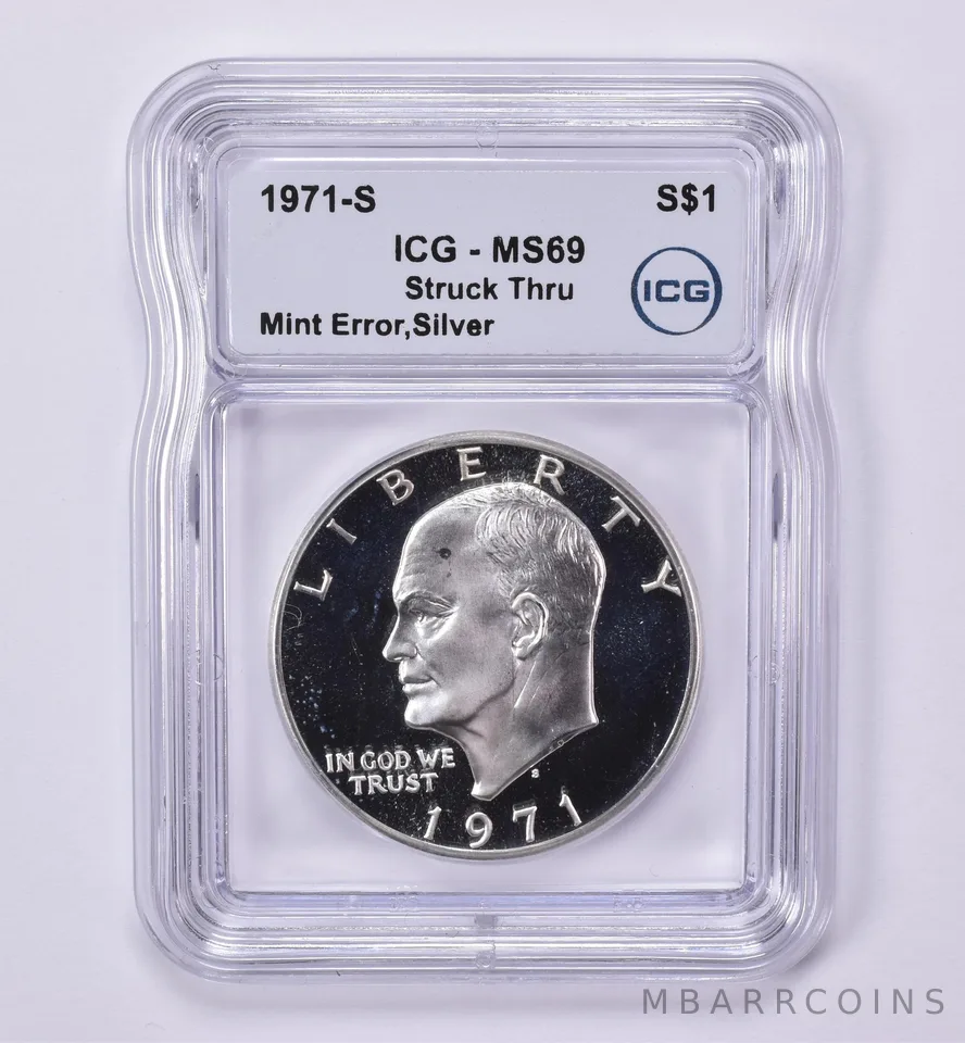 1971-S Eisenhower $1 Silver Mint Error Struck Thru MS69 ICG *0532