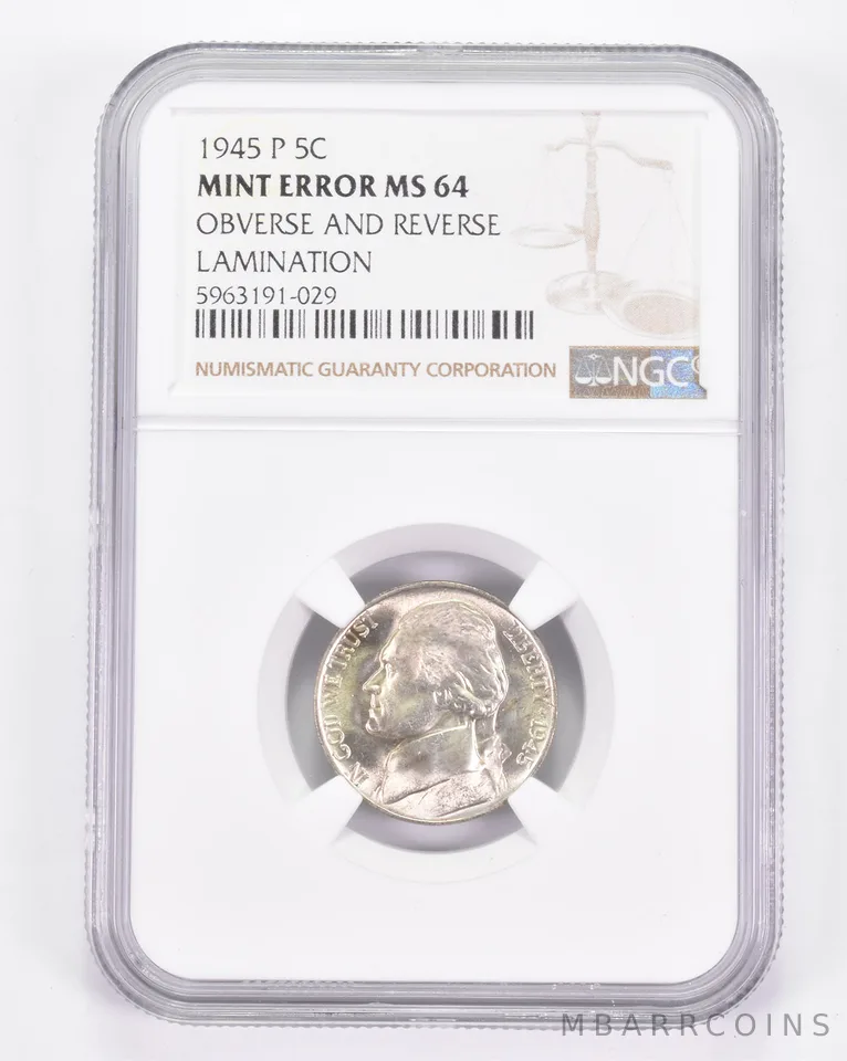 Mint Error MS64 1945-P Jefferson Nickel - OBV & REV Lamination NGC a8829