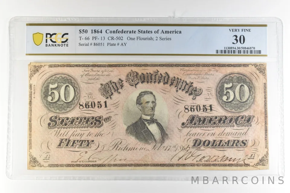1864 $50 Confederate States America T-66 PF-13 CR-502 Very Fine 30 PCGS *4471