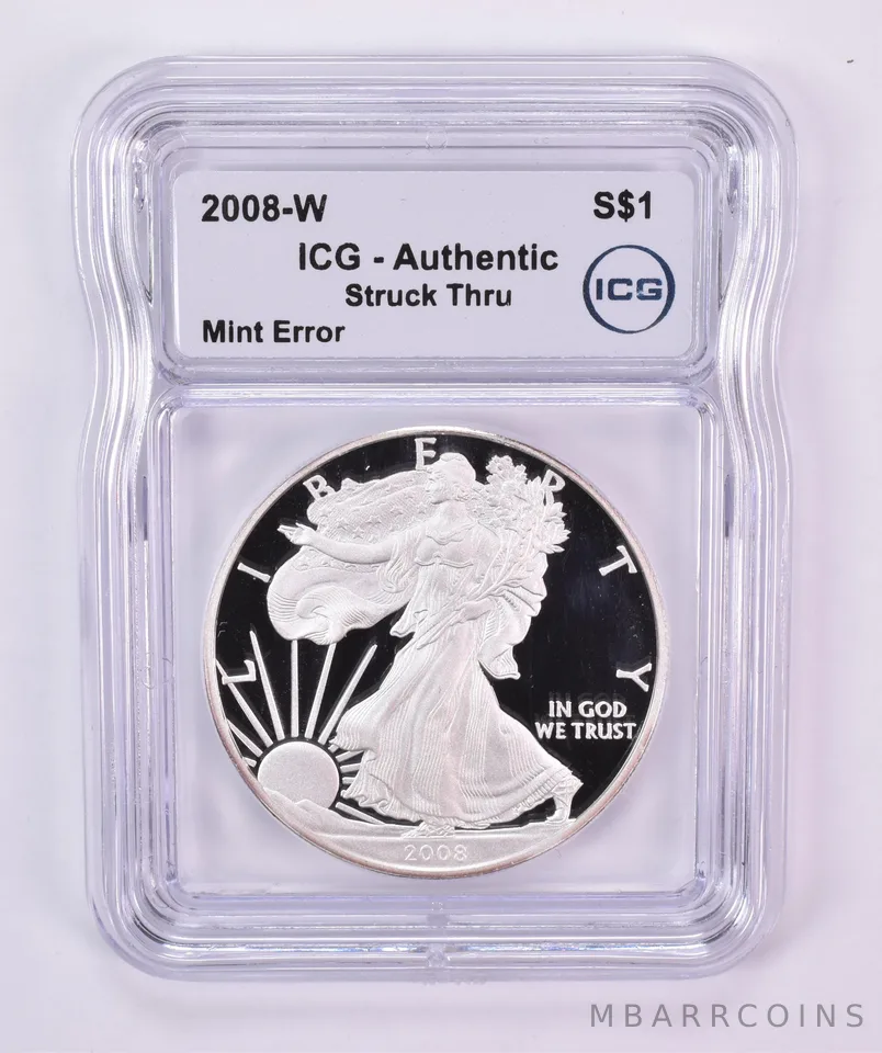 2008-W American Silver Eagle Mint Error Struck Thru Authentic ICG