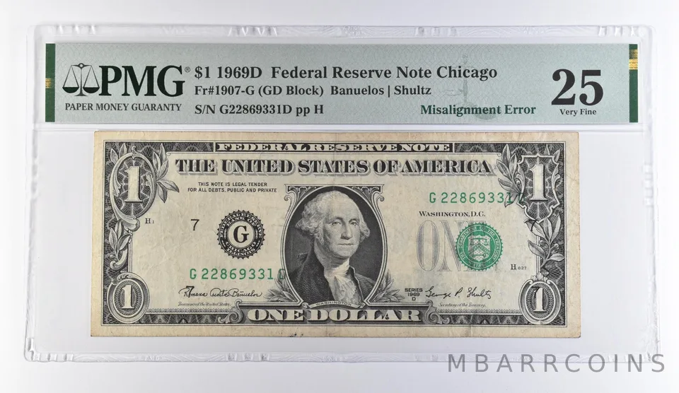 1969 D $1 Chicago IL FRN Misalign Error Fr#1907-G VF 25 PMG *9483