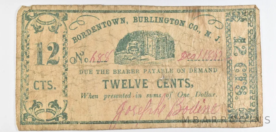 1862 12 Cents New Jersey Bordentown Burlington Co Obsolete Note *8639