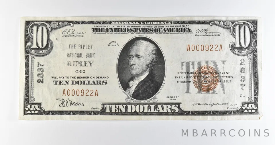 1929 $10 Ripley OH National Currency National Bank Ch#2837 *0523