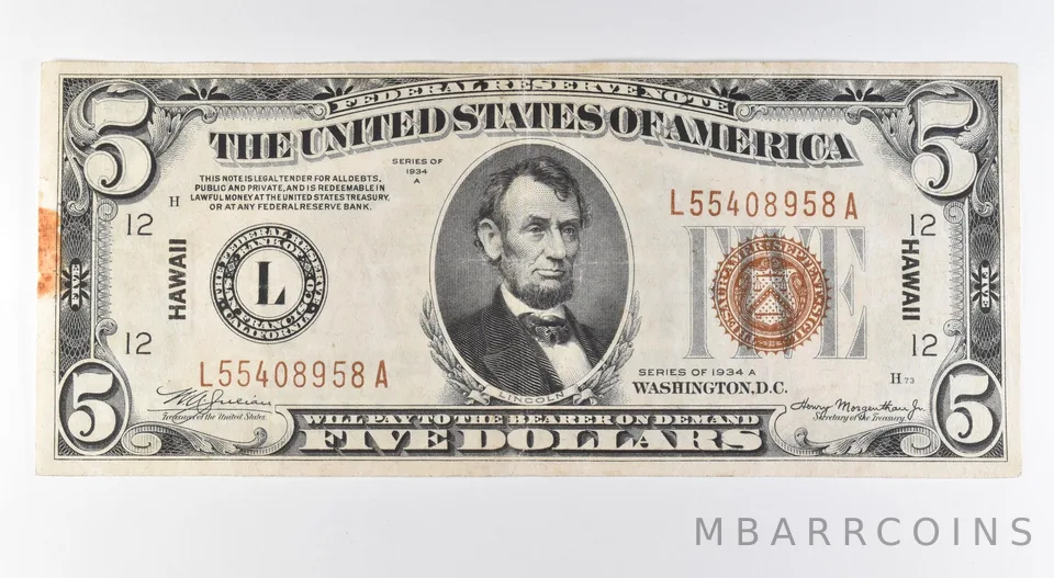 1934 A $5 San Francisco CA FRN Hawaii Issue Brown Seal Fr#2302 Mule *9614