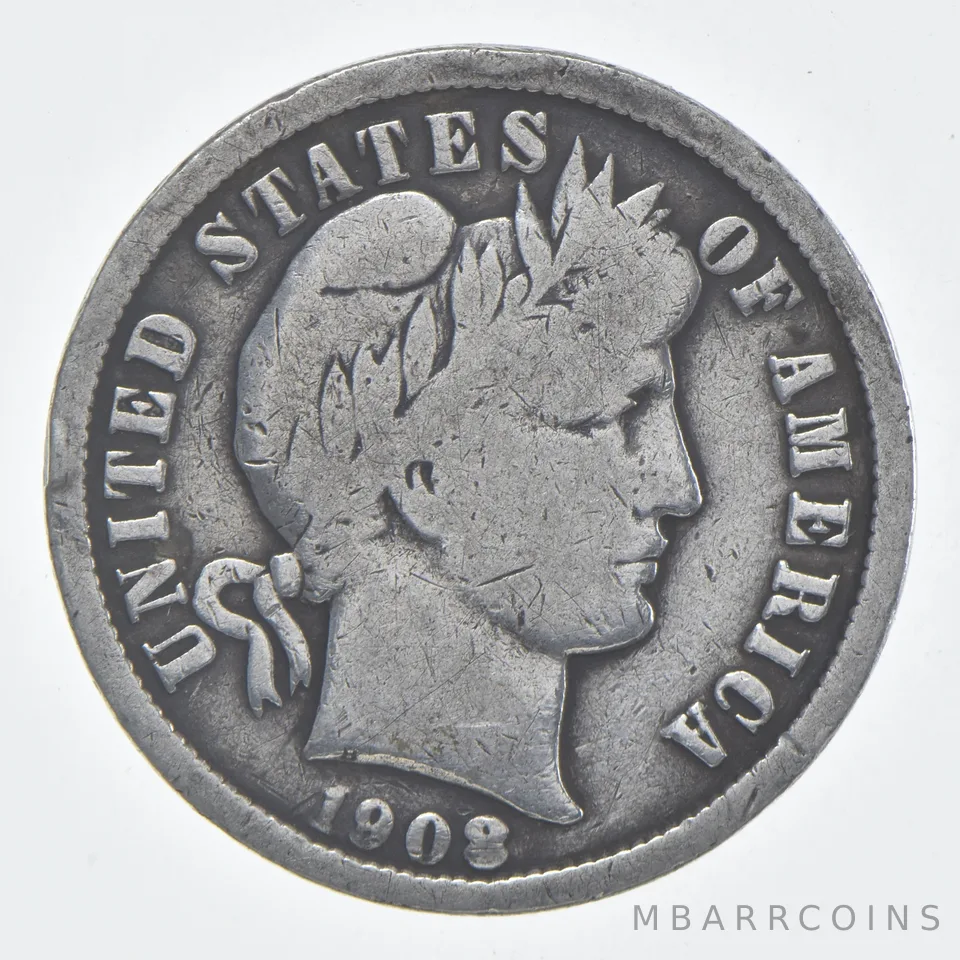 1908 (P) Barber Dime 90% Silver VG Condition