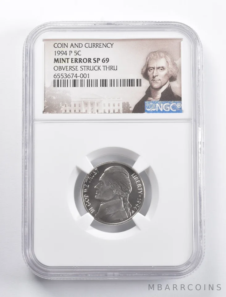 Error SP69 1994-P Jefferson Nickel Coins & Currency OBV Struck Thru NGC a5821