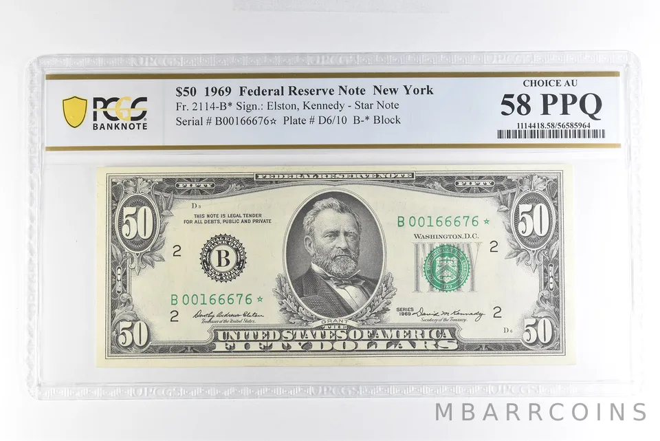 1969 $50 New York NY FRN Star Note Fr#2114-B* Choice AU 58 PPQ PCGS *4986