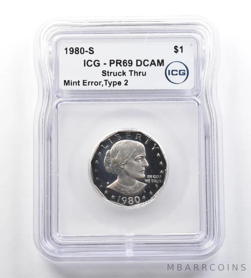 1980-S Susan B Anthony $1 Type 2 Mint Error Struck Thru PR69 DCAM ICG *7624
