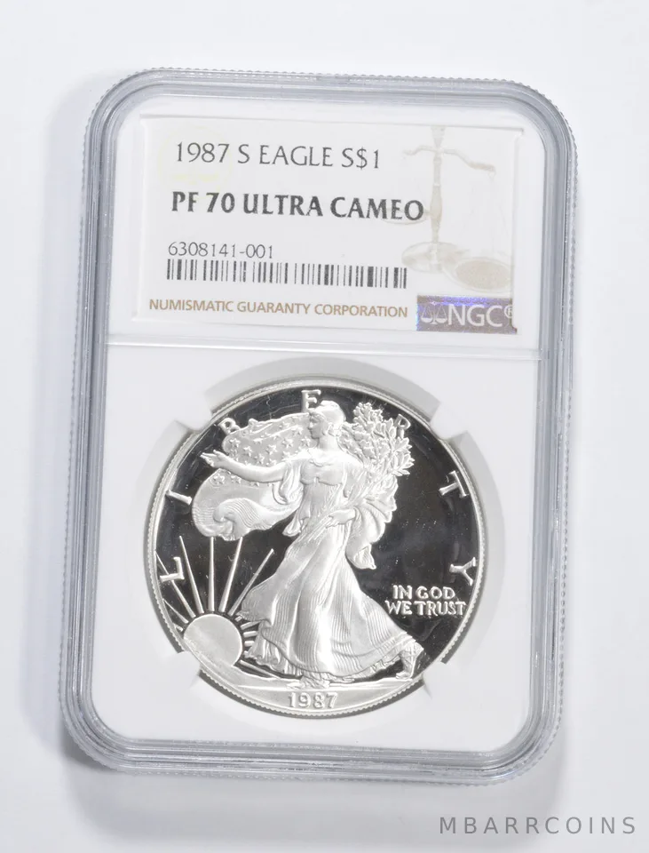 1987-S American Silver Eagle 1 Oz PF70 UCAM NGC Brown Label