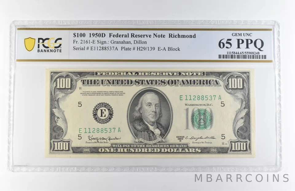 1950 D $100 Richmond VA FRN Fr#2161-E Gem Unc 65 PPQ PCGS *7875