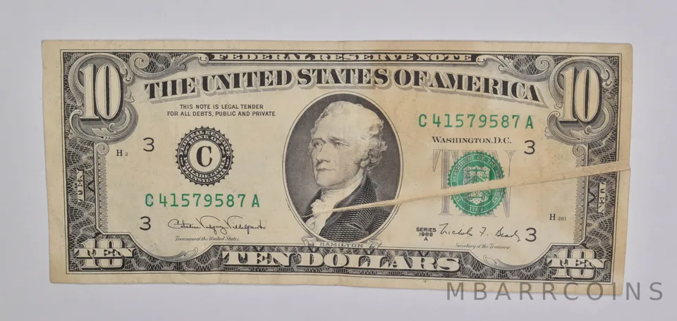 ERROR 1988-A $10 Philadelphia, PA US FRN Gutter Fold Error Note *5427