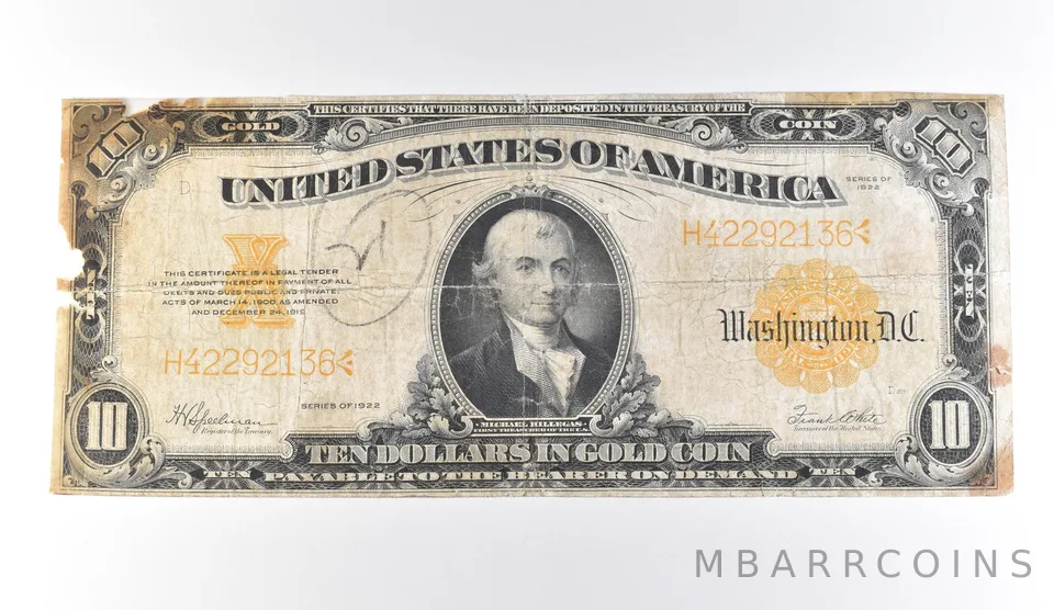 1922 $10 Gold Certificate Large Note Yellow Seal *9703