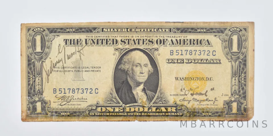 1935-A $1 US Silver Cert. Yellow Seal Short Snorter North Africa Note a8031