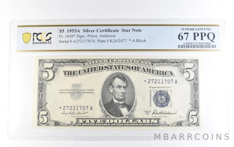 1953 A $5 Silver Certificate Star Note Fr#1656* Superb Gem Unc 67 PPQ PCGS *1694