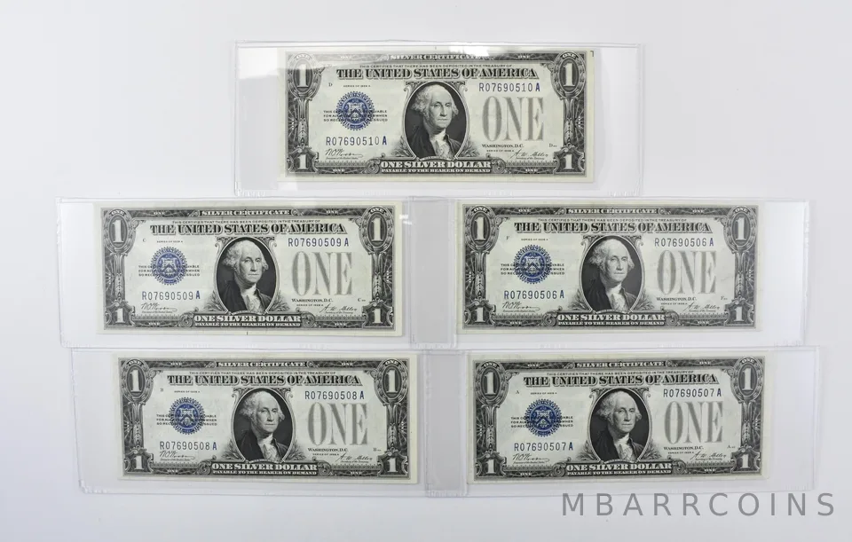 Lot (5) 1928 A $1 Silver Certificate Blue Seal Consecutive Serial Numbers a7079