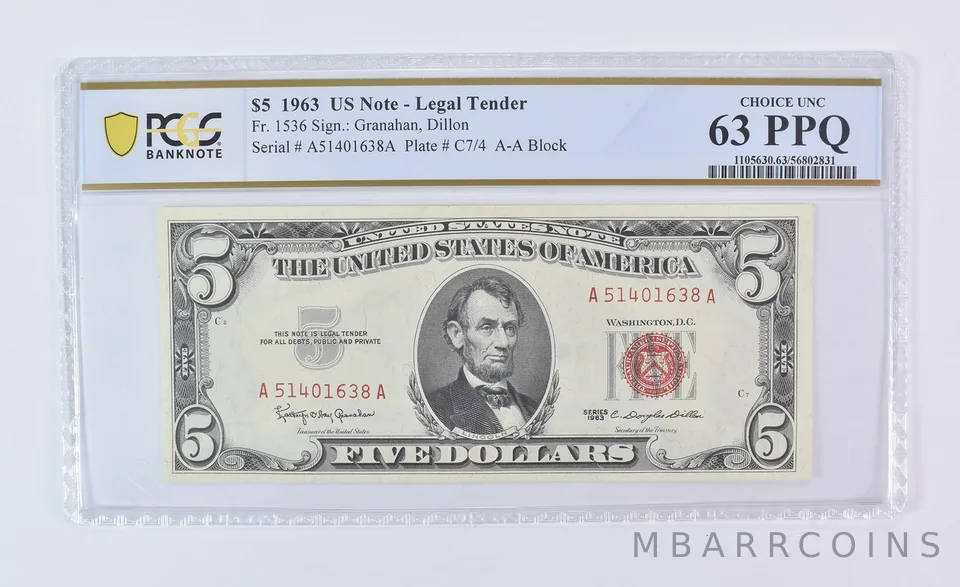 1963 $5 Legal Tender Fr#1536 Choice Unc 63 PPQ PCGS