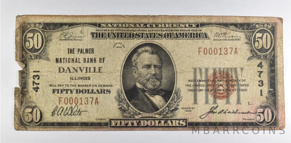1929 $50 Danville, IL US National Currency Note Brown Seal *8130
