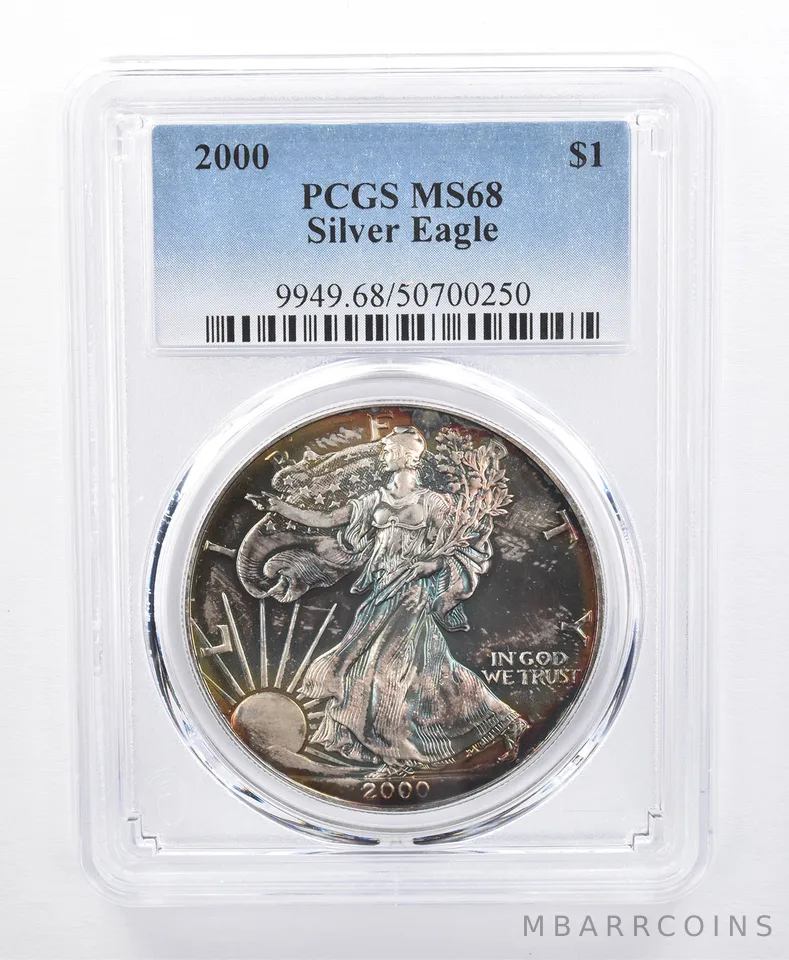 2000 American Silver Eagle MS68 PCGS Rainbow Tone *8681