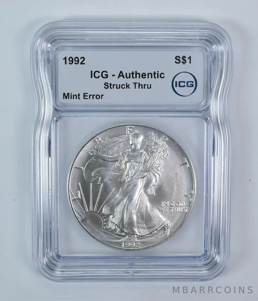 1992 American Silver Eagle Mint Error Struck Thru Authentic ICG