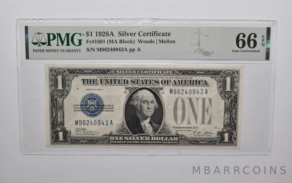 PMG 66 EPQ $1 1928-A US Silver Certificate FR#1601 (MA Block) a4757