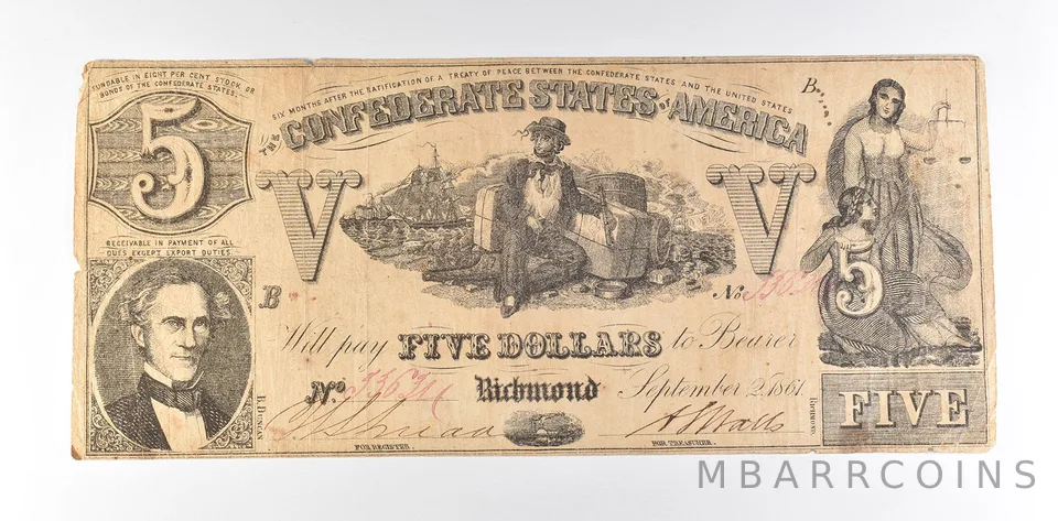 1861 $5 Confederate States Of America T-37 Large Note *8577