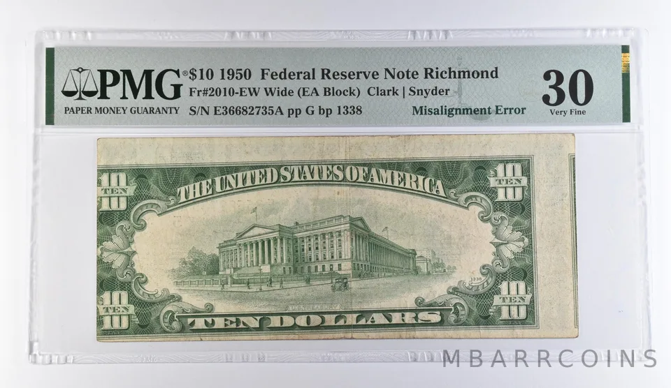 1950 $10 Richmond VA FRN Misalignment Error Fr#2010-EW VF 30 PMG *9384
