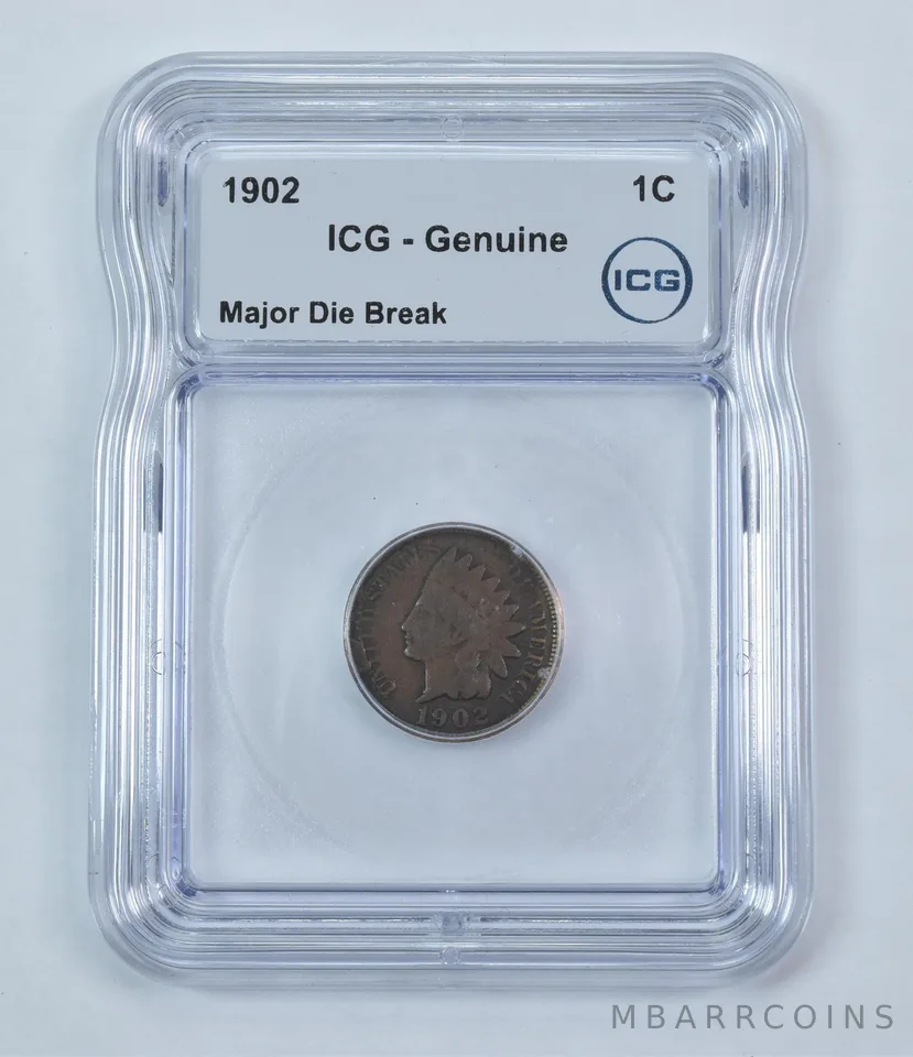 Error 1902 Indian Head Cent Major Die Break Genuine ICG *9255